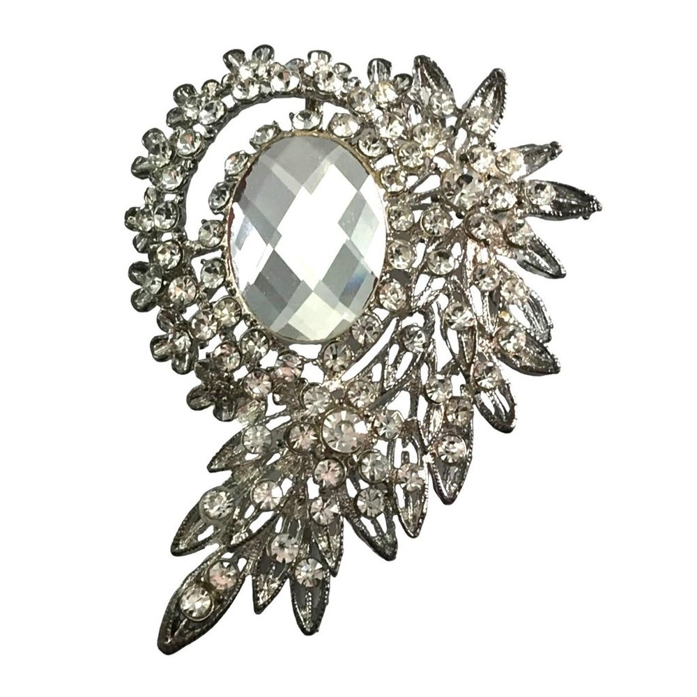 Vintage Large Clear Rhinestone Floral Layered Pendant Necklace Silver Tone 4” - Picture 1 of 6